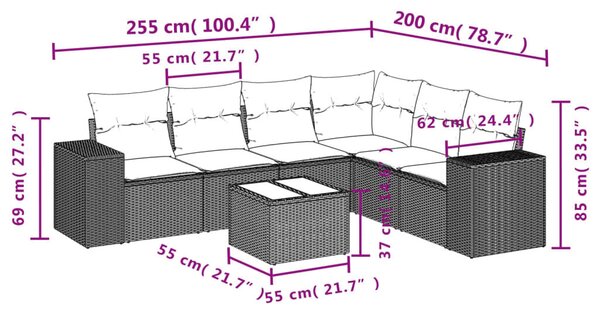 VidaXL 7 db barna polyrattan kerti kanapégarnitúra párnákkal