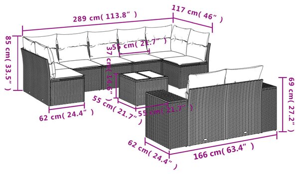 VidaXL 10 db fekete polyrattan kerti kanapégarnitúra párnákkal