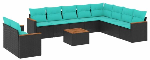 VidaXL 11 db fekete polyrattan kerti kanapégarnitúra párnákkal