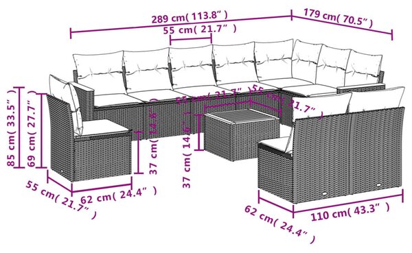 VidaXL 11 db fekete polyrattan kerti kanapégarnitúra párnákkal