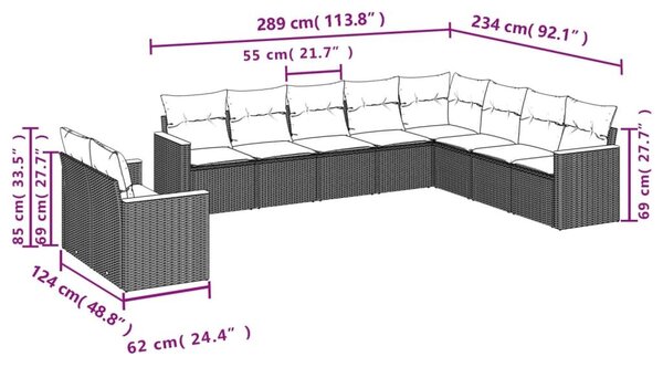 VidaXL 10 db szürke polyrattan kerti kanapégarnitúra párnákkal