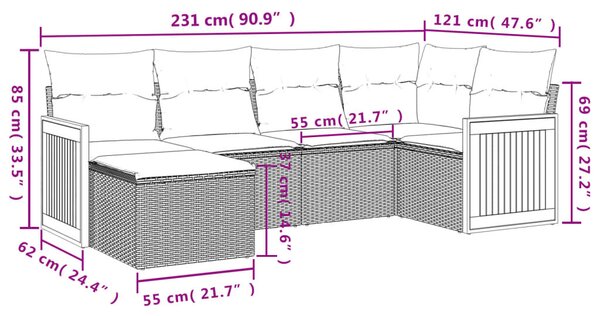 VidaXL 6 db fekete polyrattan kerti kanapégarnitúra párnákkal