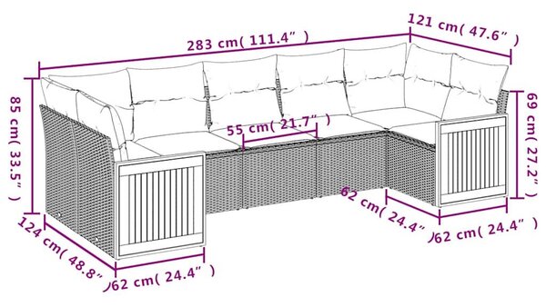 VidaXL 7 db fekete polyrattan kerti kanapégarnitúra párnákkal