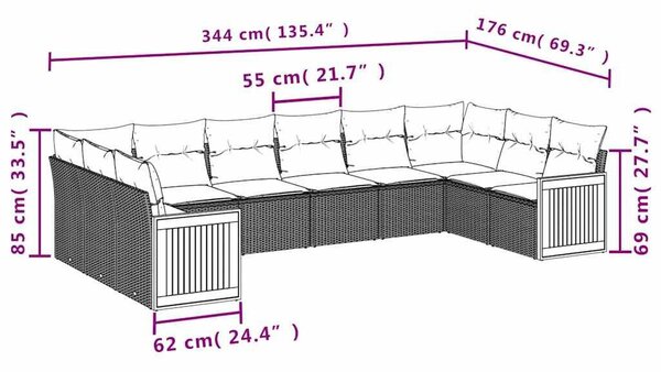 VidaXL 10 db fekete polyrattan kerti kanapégarnitúra párnákkal
