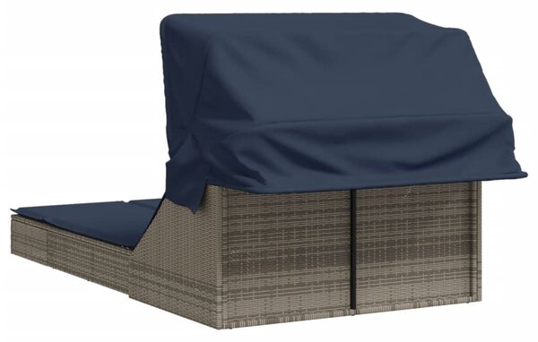 VidaXL szürke polyrattan kétszemélyes napozóágy napellenzővel és párnákkal