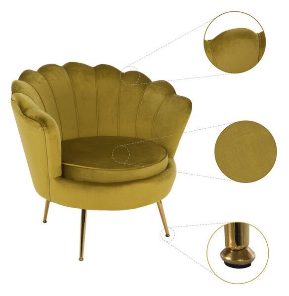 Fotel Art-deco stílusban, mustár színű Velvet anyag/gold chróm-arany, NOBLIN
