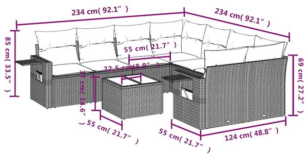 VidaXL 9 db szürke polyrattan kerti kanapégarnitúra párnákkal