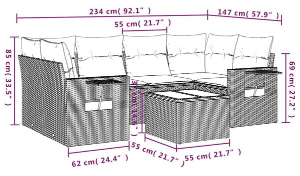 VidaXL 7 db szürke polyrattan kerti kanapégarnitúra párnákkal