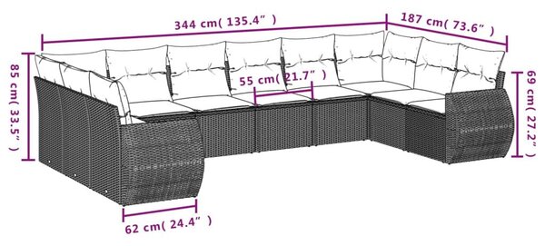VidaXL 11 db barna polyrattan kerti kanapégarnitúra párnákkal