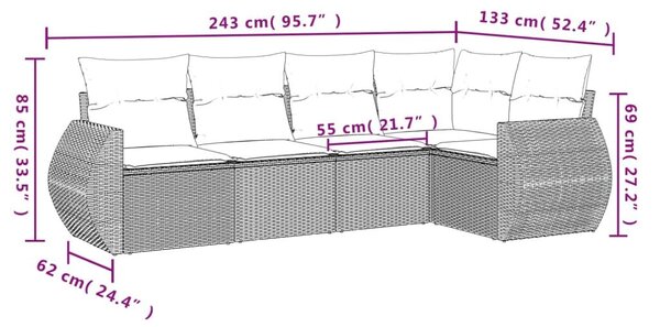VidaXL 5 db szürke polyrattan kerti kanapégarnitúra párnákkal