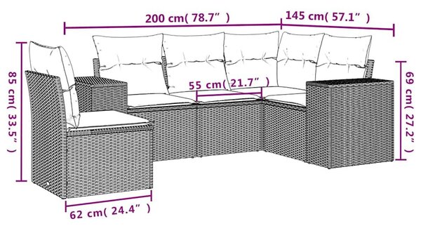 VidaXL 5 db fekete polyrattan kerti kanapégarnitúra párnákkal