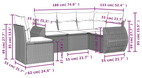 VidaXL 5 db fekete polyrattan kerti kanapégarnitúra párnákkal