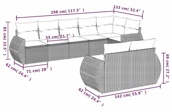 VidaXL 8 db fekete polyrattan kerti kanapégarnitúra párnákkal