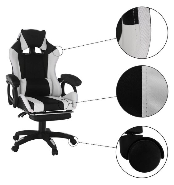 Irodai/gamer szék RGB LED világítással, fekete/fehér, JOVELA