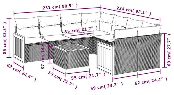 VidaXL 9 db szürke polyrattan kerti kanapégarnitúra párnákkal