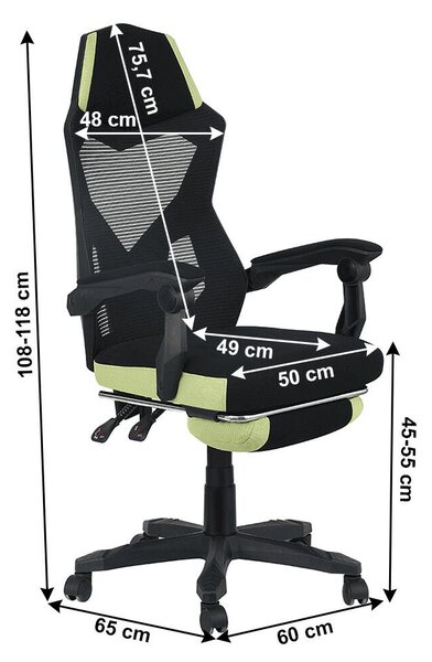 Irodai/gamer szék, fekete/zöld, teherbírás 150 kg, JORIK