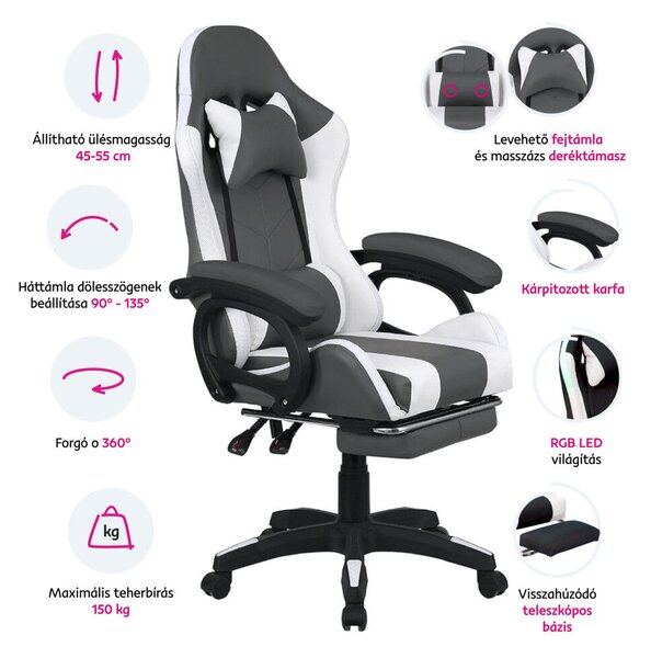 Irodai/gamer szék RGB LED világítással, fekete/fehér, JOVELA
