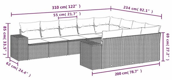 VidaXL 10 db szürke polyrattan kerti kanapégarnitúra párnákkal