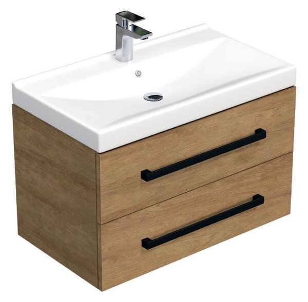 Fürdőszobaszekrény fekete fogantyúval és mosdókagylóval SAT Cube Way 80x47,5x46 cm tölgy Hickory matt CUBE46C802DHVER