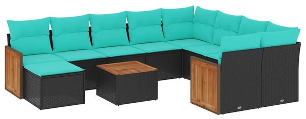 VidaXL 11 db fekete polyrattan kerti kanapégarnitúra párnákkal