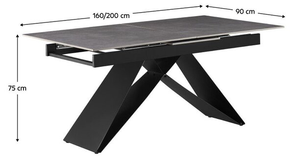 Kihúzható étkezőasztal, beton/fekete, 160-200x90 cm, MAJED