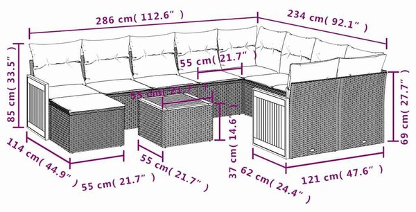 VidaXL 11 db fekete polyrattan kerti kanapégarnitúra párnákkal