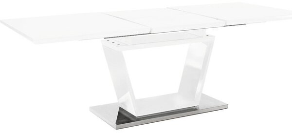 Étkezőasztal, nyitható, fehér extra magasfényű/acél, 160-220x90 cm, PERAK