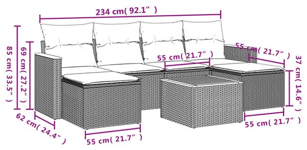VidaXL 7 db fekete polyrattan kerti kanapégarnitúra párnákkal