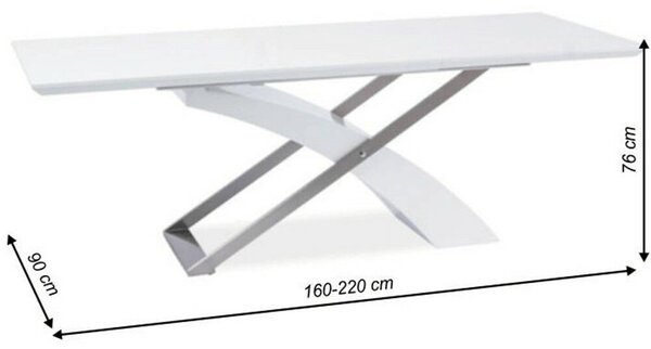 Meghosszabbítható étkezőasztal, fehér extra magasfényű HG/fém, 160-220x90 cm, KROS