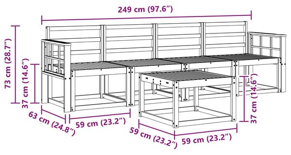 VidaXL Kültéri kanapé szett 5 pcs Fehér 59 x 59 x 37 cm Tömör Akácfa