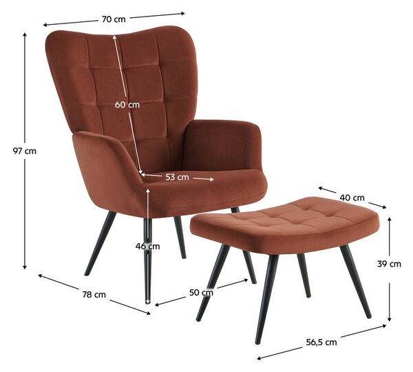 Fotel lábtartóval, barna Velvet szövet/fekete, HABEN