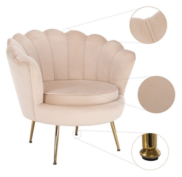 Fotel Art-deco stílusban, bézs Velvet anyag/gold chróm-arany, NOBLIN