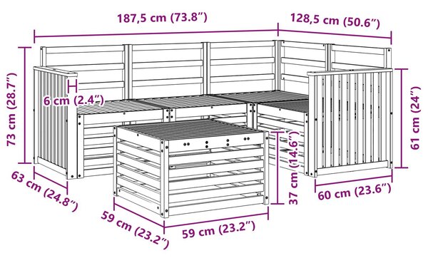 VidaXL Kültéri kanapé szett 5 pcs Fehér 59 x 59 x 37 cm Tömör Akácfa