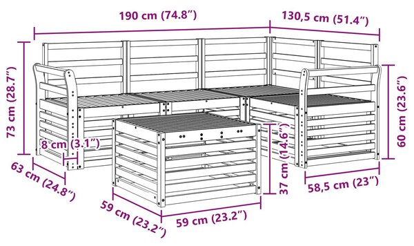 VidaXL Kültéri kanapé szett 5 pcs Fehér 59 x 59 x 37 cm Tömör Akácfa