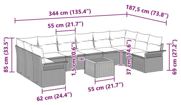11 Darabos Kertibútor Szett Párnákkal Bézs Poly Rattan Akácia