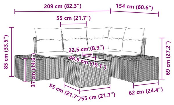 4 darabos kertiszöglet kanapé szett párnákkal szürke poli rattan