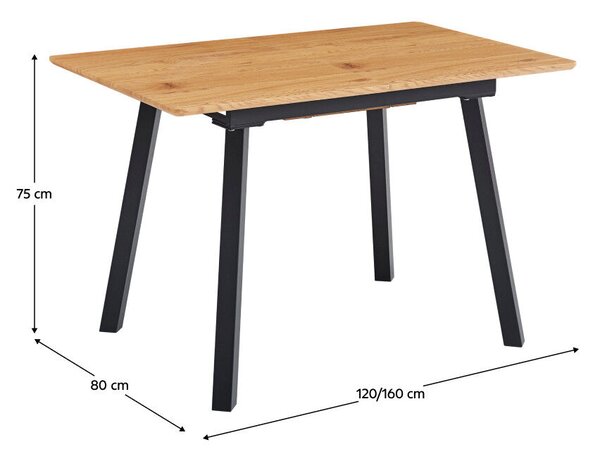 Kihúzható étkezőasztal, 120-160x80 cm, tölgy/fekete, DIRAN