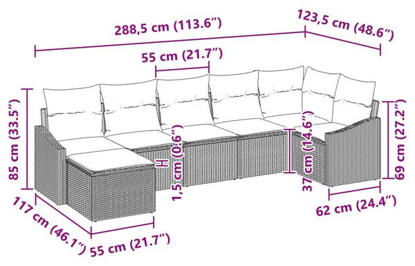 7 db-os Kert Kanapé Szett Párnákkal Világosszürke Poli Rattan