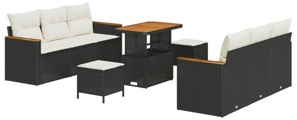 9 darabos Kerti Sofa Szett párnákkal Fekete Polirattan Akácia