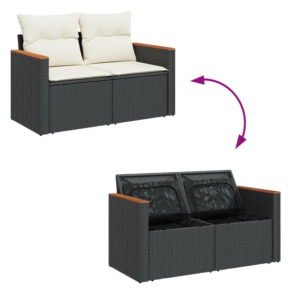 9 darabos Kerti Sofa Szett párnákkal Fekete Polirattan Akácia