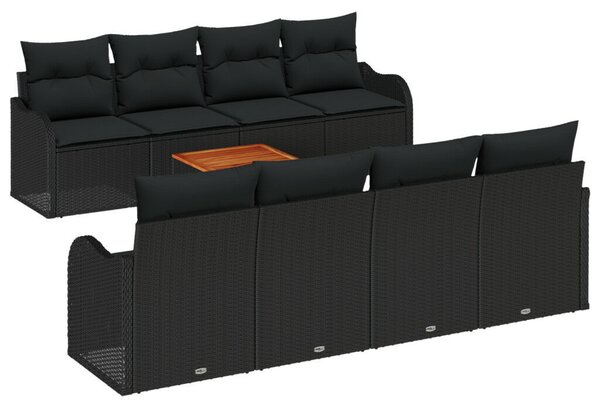 9 darabos Kerti Sofasor párnákkal Fekete Polirattan Akácia
