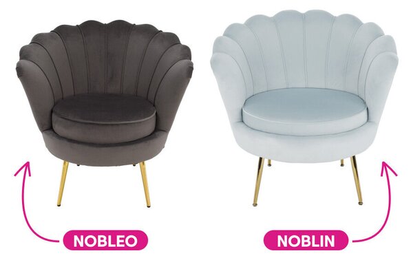 Fotel Art-deco stílusban, szürke-kék Velvet anyag/gold chróm-arany, NOBLIN