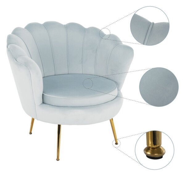 Fotel Art-deco stílusban, szürke-kék Velvet anyag/gold chróm-arany, NOBLIN