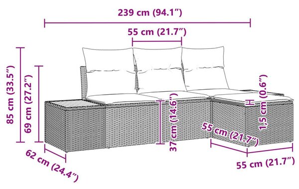 4 darabos Kerti Kanapé Szett párnákkal Fekete Poli Rattan Akác