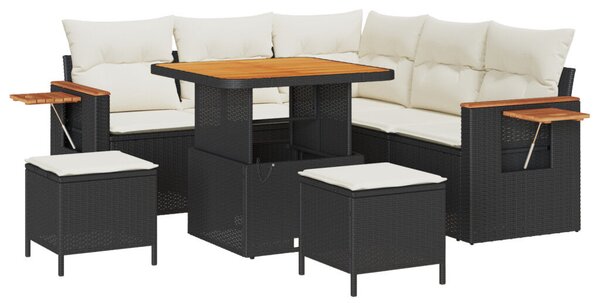 8 részes kerti kanapé szett párnákkal Fekete Polyrattan Akác, 3 részes kerti étkező szett párnákkal Fekete Polyrattan Akác