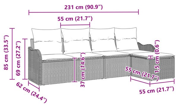 5 darabos kerti kanapészett párnákkal fekete poli rattan, 2 személyes kerti kanapé párnákkal fekete poli rattan