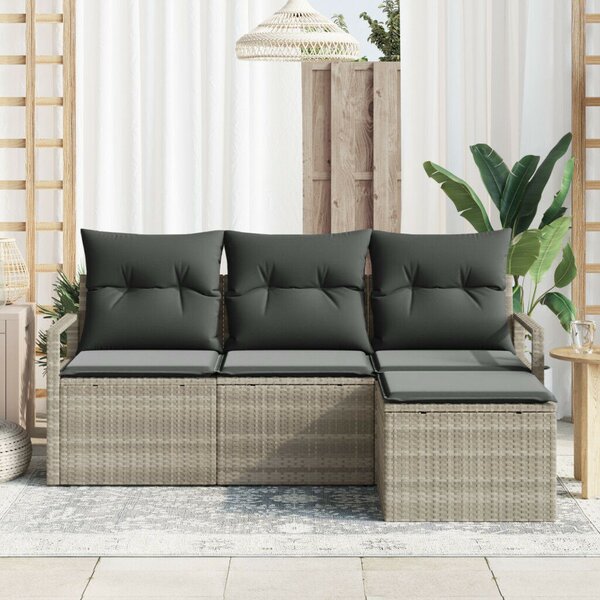 4 részes kert kanapé szett párnákkal, világosszürke, poli rattan, 2 személyes kert kanapé párnákkal, szürke, poli rattan