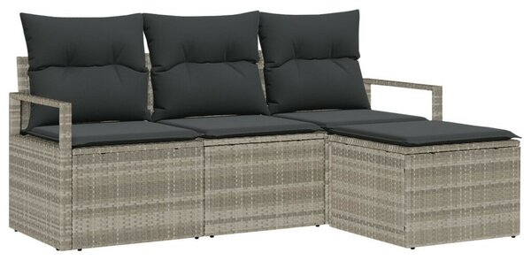 4 részes kert kanapé szett párnákkal, világosszürke, poli rattan, 2 személyes kert kanapé párnákkal, szürke, poli rattan