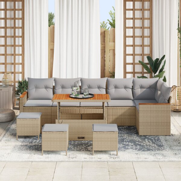 10 darabos Kert Sofa Szett Párnákkal Bézs Poli Rattan Akác, 4 darabos Kert Étkező Szett Párnákkal Bézs Poli Rattan Akác