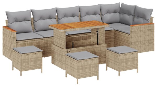 10 darabos Kert Sofa Szett Párnákkal Bézs Poli Rattan Akác, 4 darabos Kert Étkező Szett Párnákkal Bézs Poli Rattan Akác
